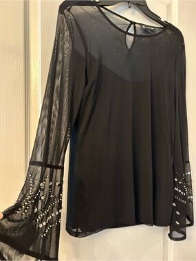 INC International Concepts Black Sheer Bell Sleeve Embellished Top